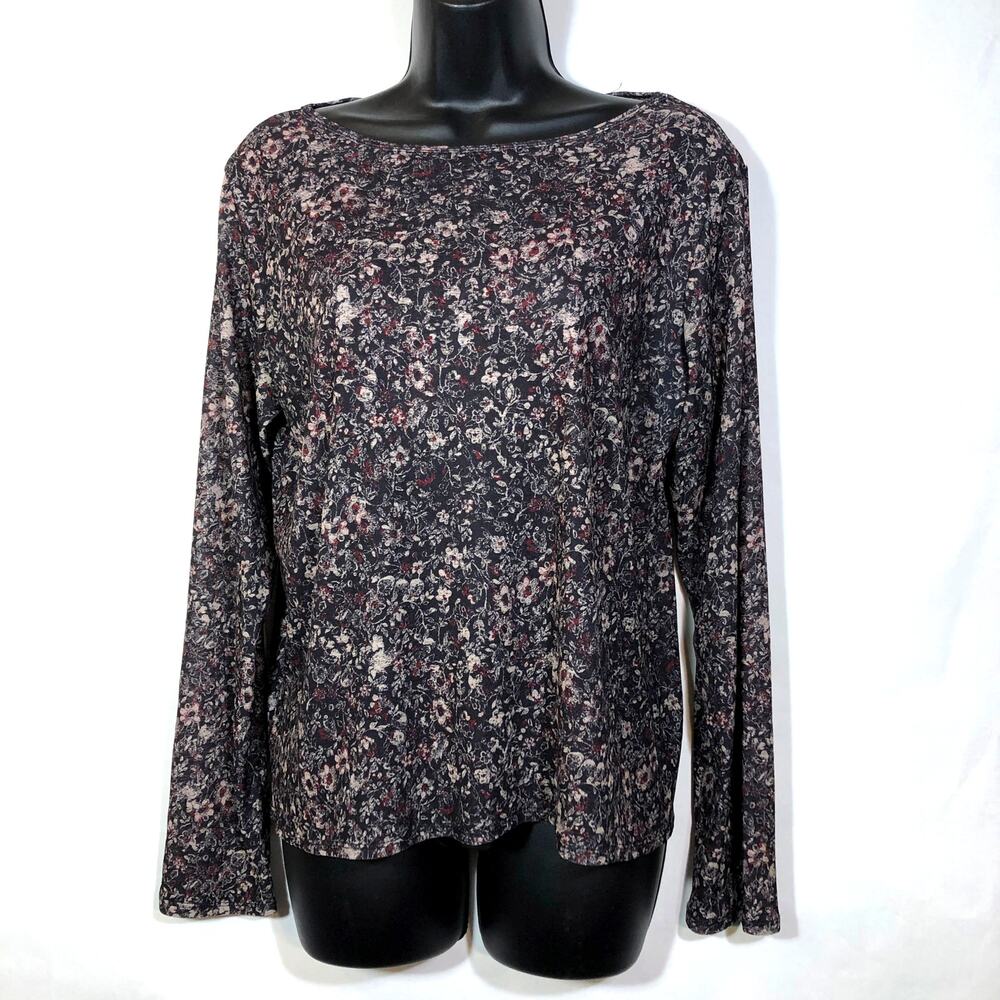 Y2K Mesh Top Black Floral Red and Tan Long Sleeve Semi Sheer Round Neck Retro